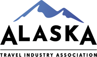Logo with blue mountains and text 'ALASKA TRAVEL INDUSTRY ASSOCIATION'.